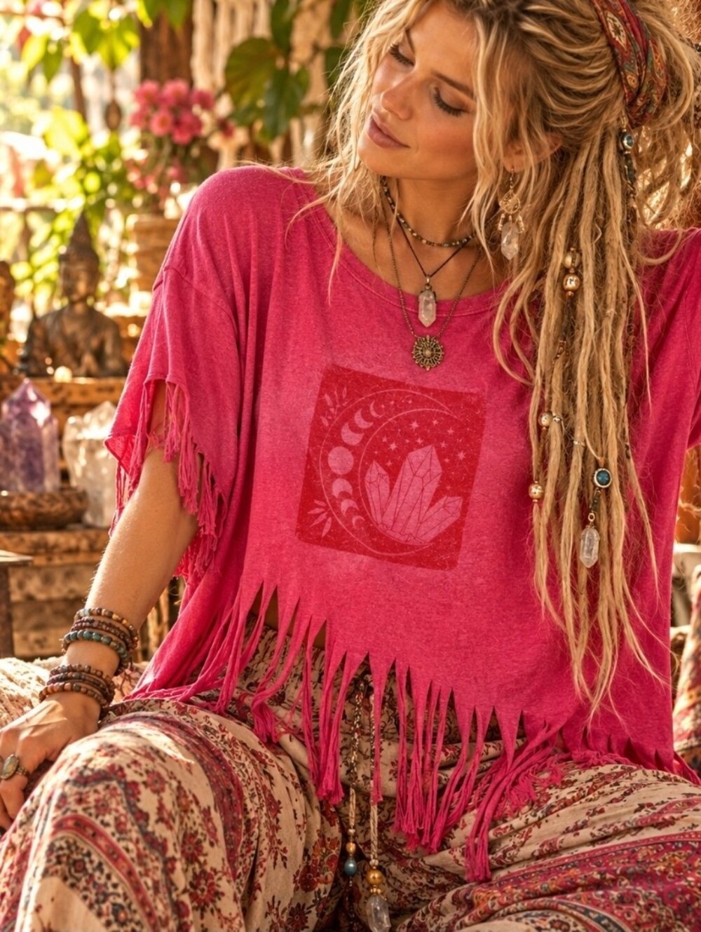 4/$15 Hot Pink Fringe Graphic Tee XL Oversized Boho Festival 70s Folk Western Y2